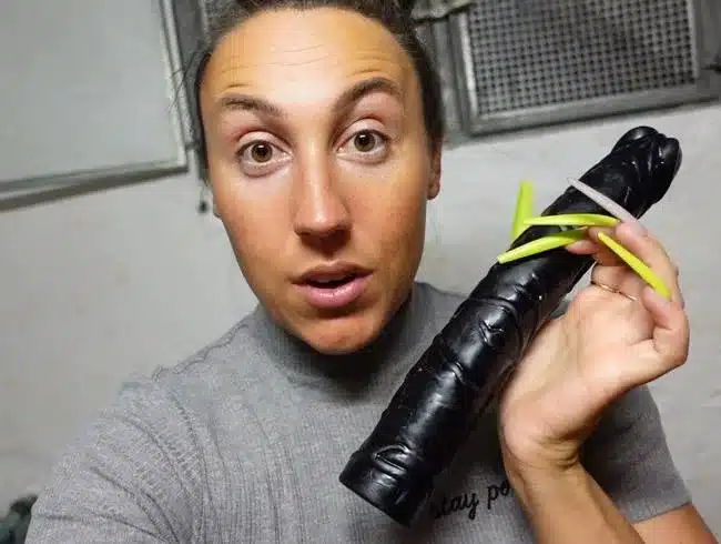 OMG!! Huge dildo found in neighbor's basement and used right away!