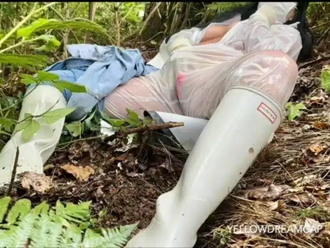 A walk in the forest in weatherproof protective clothing with an orgasm.